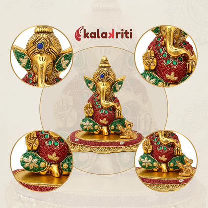 Kalakriti Metal Ganpati Idol with Mouse, 6 Inch Gold Finish Lord Ganesha Statue for Home Decor |Temple Office Hostel Desk, Hindu God Ganesh Vinayaka Decorative Showpiece for Living Room, Chua Ganesh