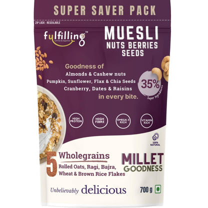 Fulfilling Muesli Fruit & Nuts - Nuts Berries Seeds | Pumpkin, Flax & Chia Seeds, Antioxidant Rich Cranberry, Rolled Oats + Millet Flakes | No Refined Sugar, Healthy Breakfast 700g