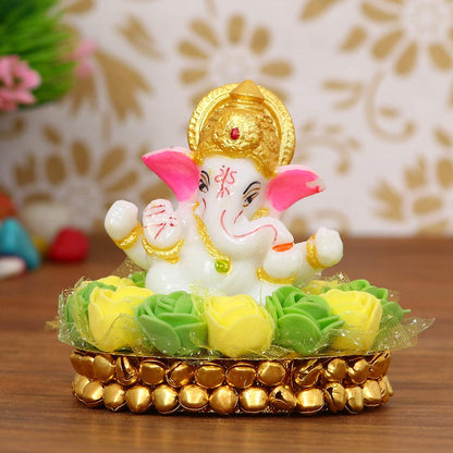 Lord Ganesha Idol on Decorative Handcrafted Plate with Green and Yellow Flowers