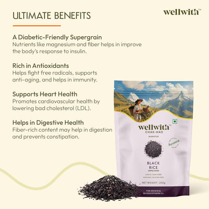 Wellwith by Ayuzera Black Rice Gluten Free | Chak Hao | Organic Karuppu Kavuni |100% Natural & Organic | Forbidden Manipuri Rice (250 gram)