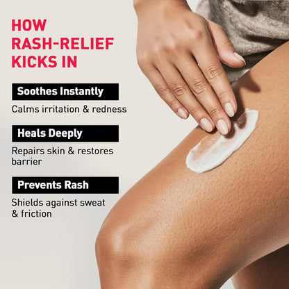 Person applying cream to their leg with text about rash relief on a light background