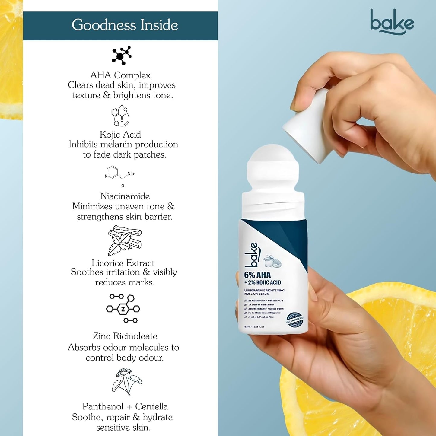 BAKE BrightErase™ Underarm Brightening Roll On Serum with 6% AHA Complex, 2% Kojic Acid, 3% Niacinamide | Reduces Pigmentation, Dark Spots, Odour & Sweat | Brightening & Exfoliating Serum for Dark Underarms - 50ml