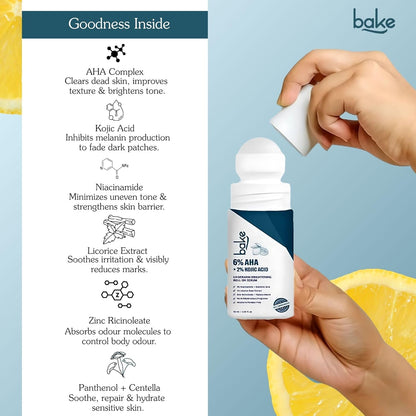 BAKE BrightErase™ Underarm Brightening Roll On Serum with 6% AHA Complex, 2% Kojic Acid, 3% Niacinamide | Reduces Pigmentation, Dark Spots, Odour & Sweat | Brightening & Exfoliating Serum for Dark Underarms - 50ml