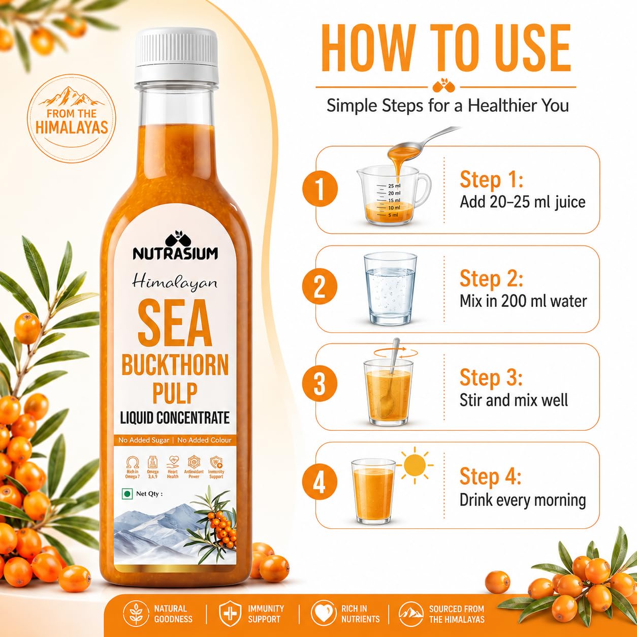 Nutrasium Himalayan Sea Buckthorn Berry Juice - 500 ml - Natural Source of Vitamin C, Omega 3 6 7 9, Antioxidants for Immunity, Skin Glow & Gut Health - 50 Glasses