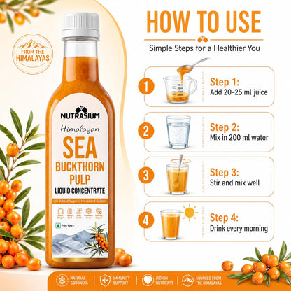 Nutrasium Himalayan Sea Buckthorn Berry Juice - 500 ml - Natural Source of Vitamin C, Omega 3 6 7 9, Antioxidants for Immunity, Skin Glow & Gut Health - 50 Glasses
