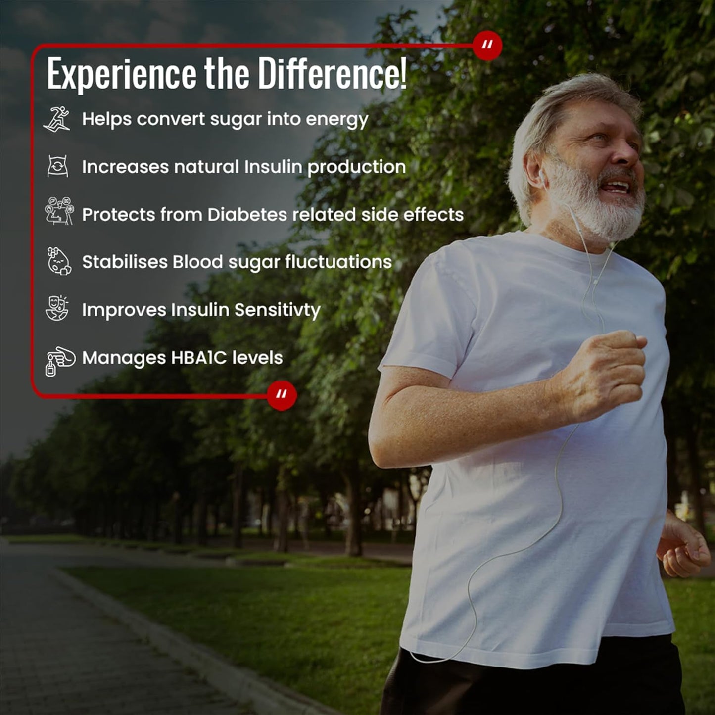 Man running outdoors with text about health benefits on a dark background