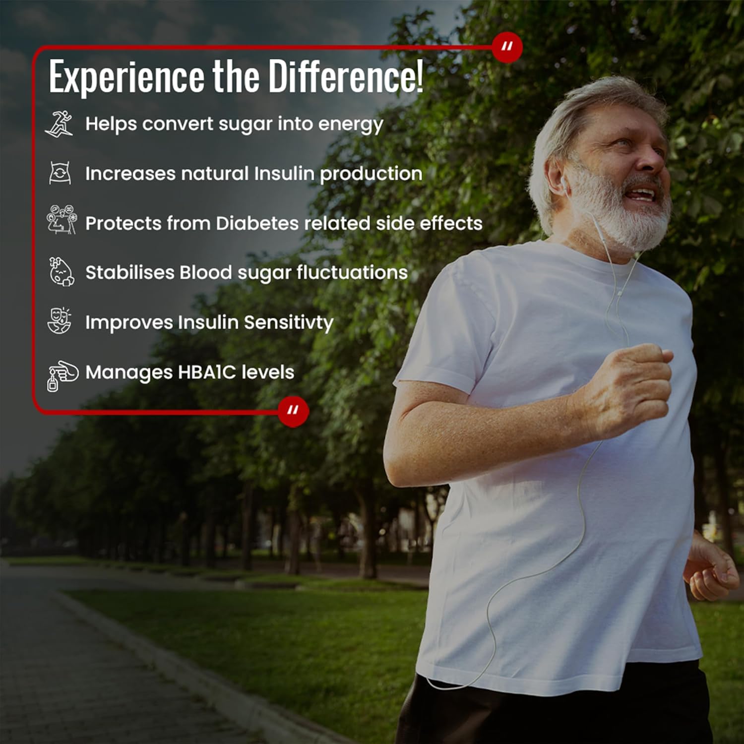 Man running outdoors with text about health benefits on a dark background