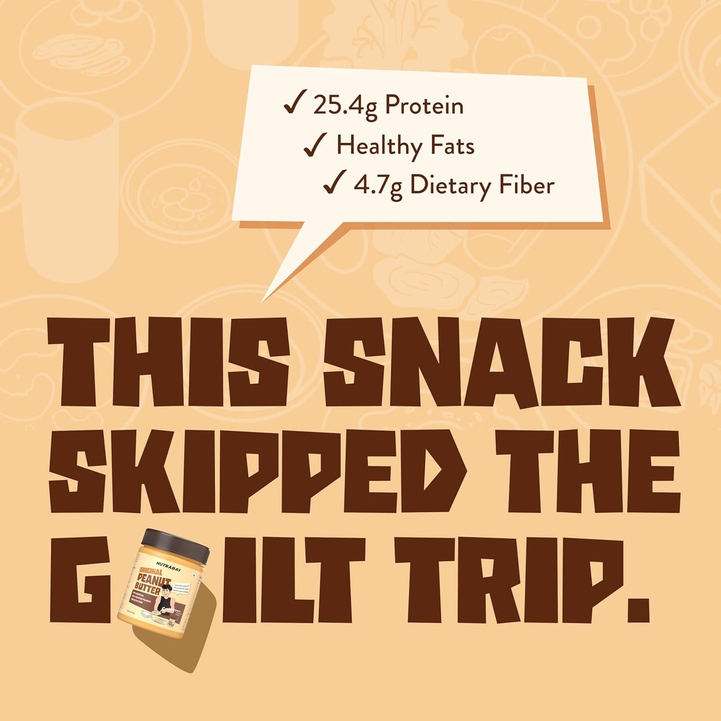 Product packaging with text highlighting protein, fats, and fiber content on a beige background.