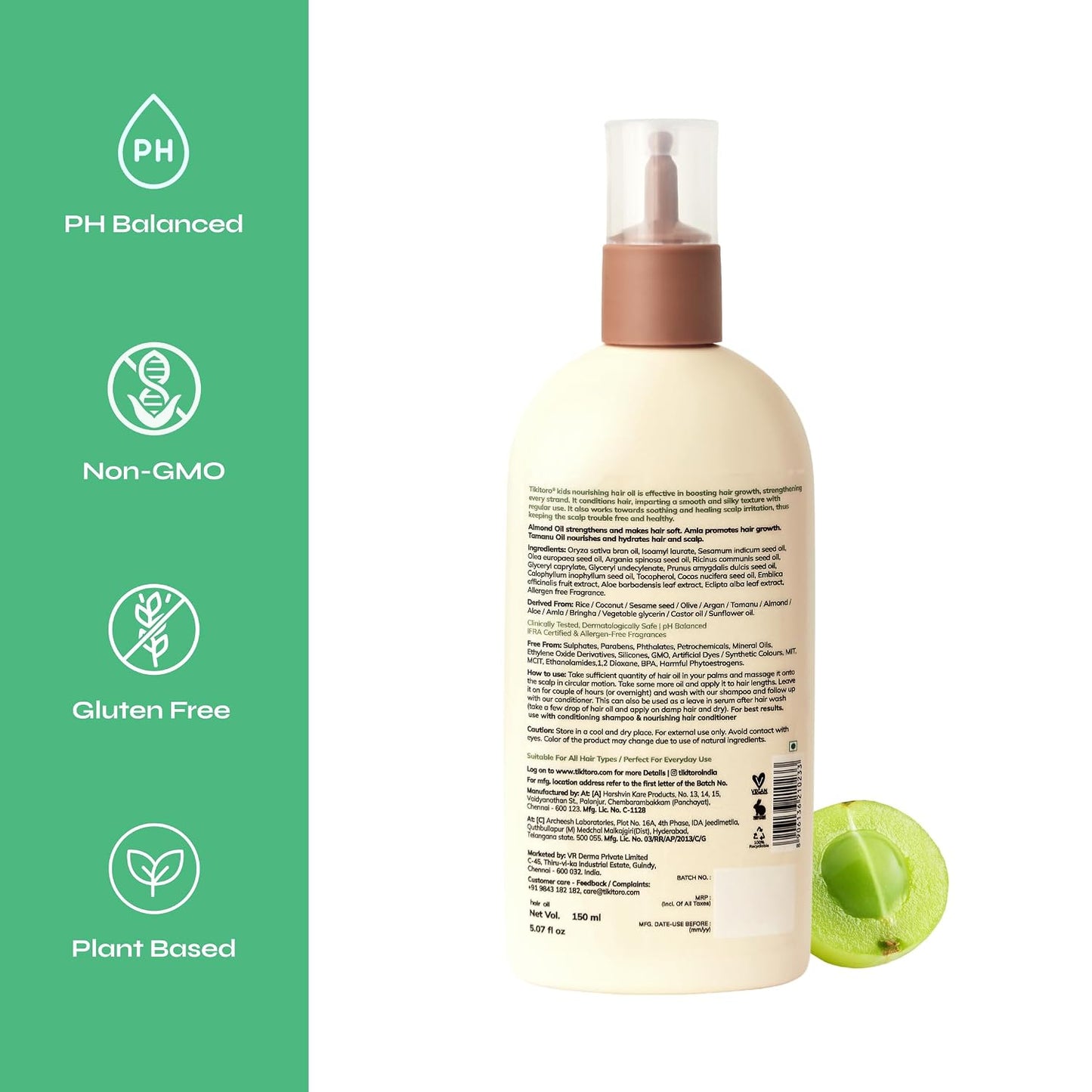 Tikitoro Kids Nourishing Hair Oil, 100% Vegan with Bringha, Amla, Olive, & Argan, Promotes & Conditions Hair Growth & Scalp, Non-sticky, Non-smelly & Non-greasy, No Paraben & Sulphate (150 ml)
