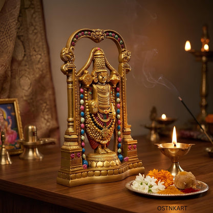 Lord Tirupati Balaji Murti – 8 Inch Golden Polyresin Statue | Handcrafted Venkateswara Idol for Home Temple, Office Desk & Spiritual Gift (Lord Srinivasa Govinda)