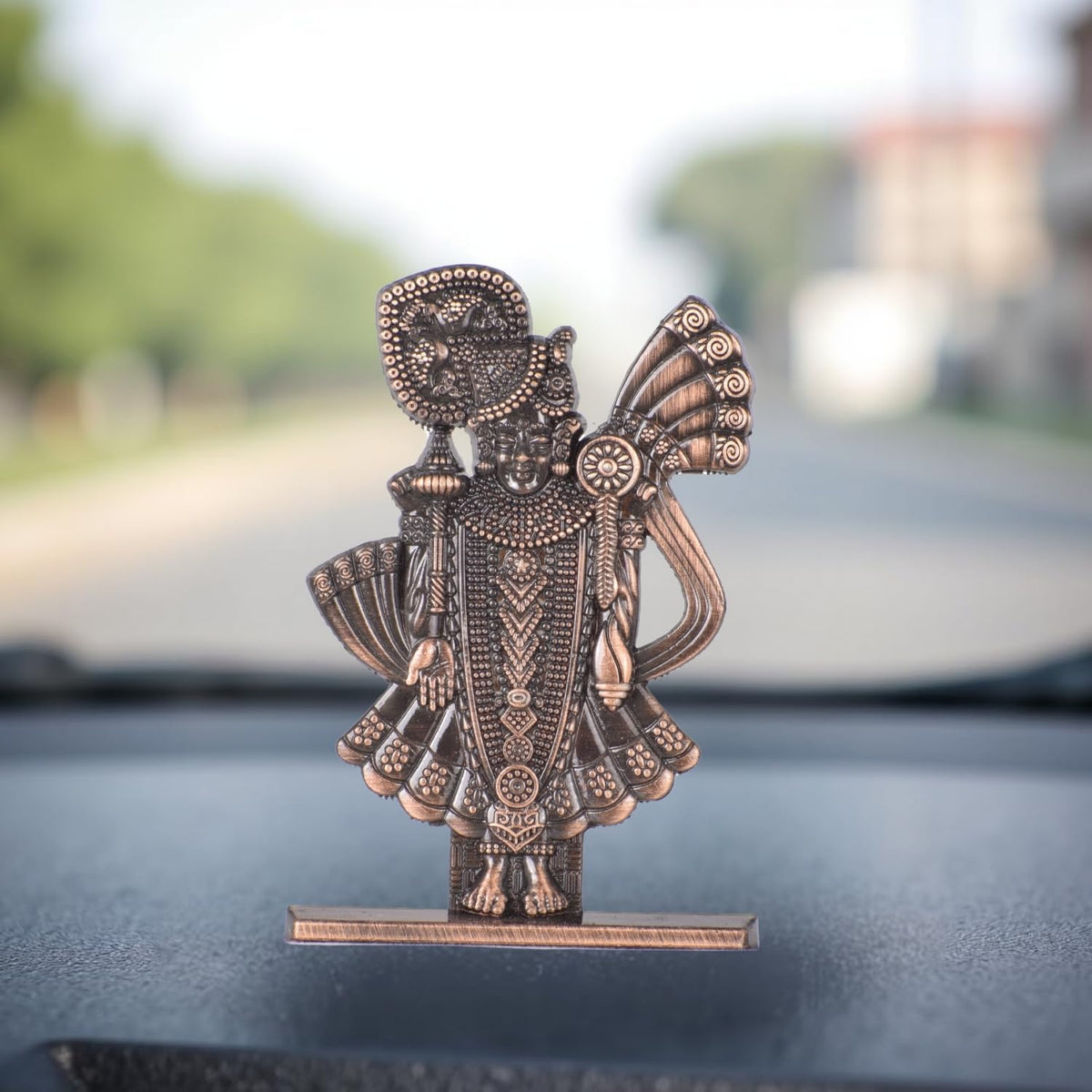 Jay Dwarikadhish Ji Idol for Car Dashboard – Copper Finish Spiritual Krishna Ji Statue for Car, Mandir & Gifting (S980-CPR)