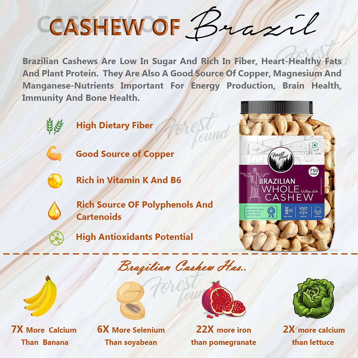 Forest Found 900g Brazilian Jumbo Cashews - Extra Large Whole Kaju - Bigger Than W320 Premium Grade - 100% Natural & Fresh Healthy Dry Fruit