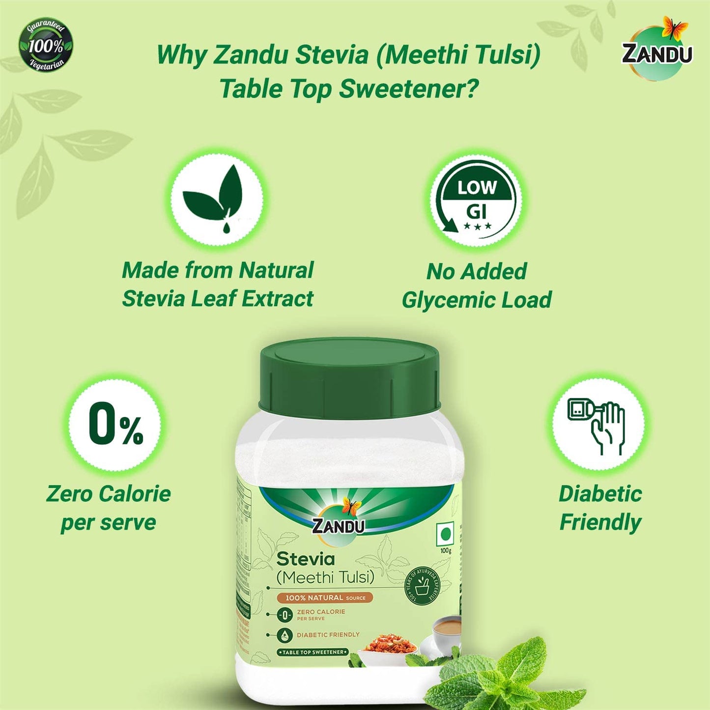 Zandu Stevia Meethi Tulsi Powder- A Healthier Substitute for Sugar |Helps Maintain Healthy Sugar Levels & Healthy Weight (100 g Powder)