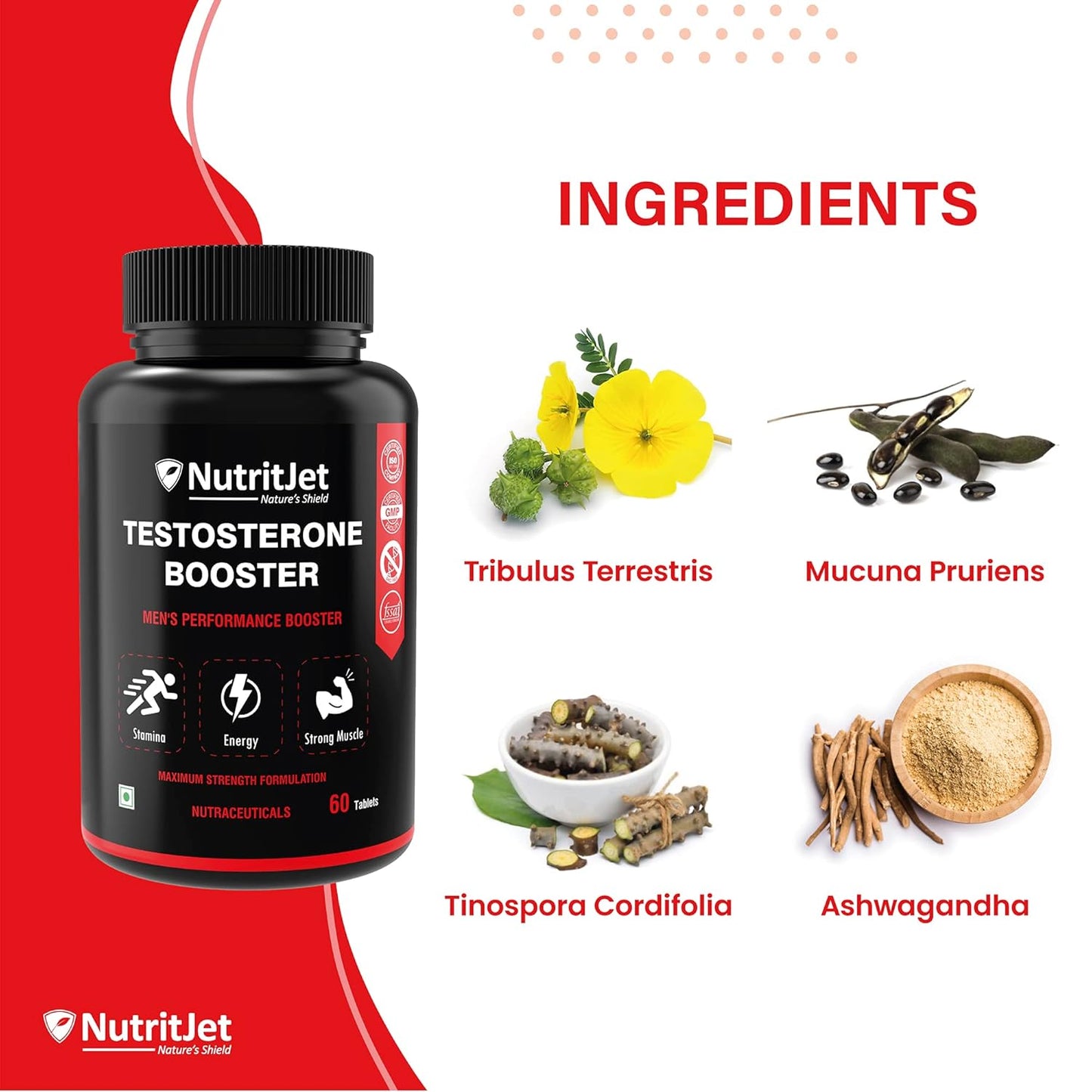 NutritJet Testosterone Booster for Men - Muscle Growth, Strength, Stamina & Performance - 60 Veg Tablets