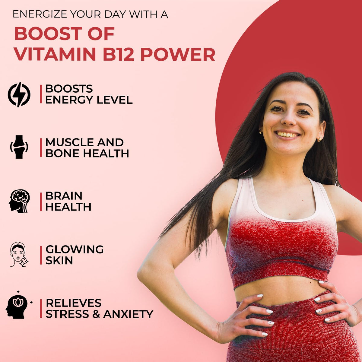 Woman in athletic wear with text about vitamin B12 benefits on a pink background