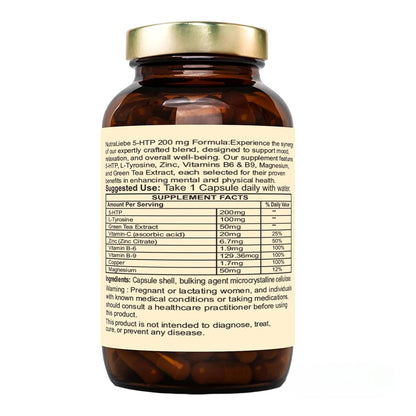 Nutraliebe 5-HTP 200mg with L-Tyrosine, Zinc, Vitamins B6 & B9, Magnesium, Ashwagandha, Green Tea Extract - 90 Capsules for Mood, Relaxation, and Cognitive Support