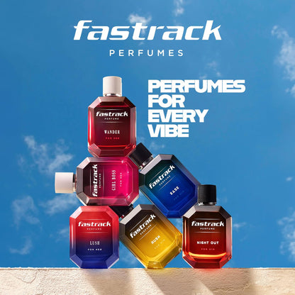 Fastrack perfumes displayed against a blue sky background with the brand name visible.