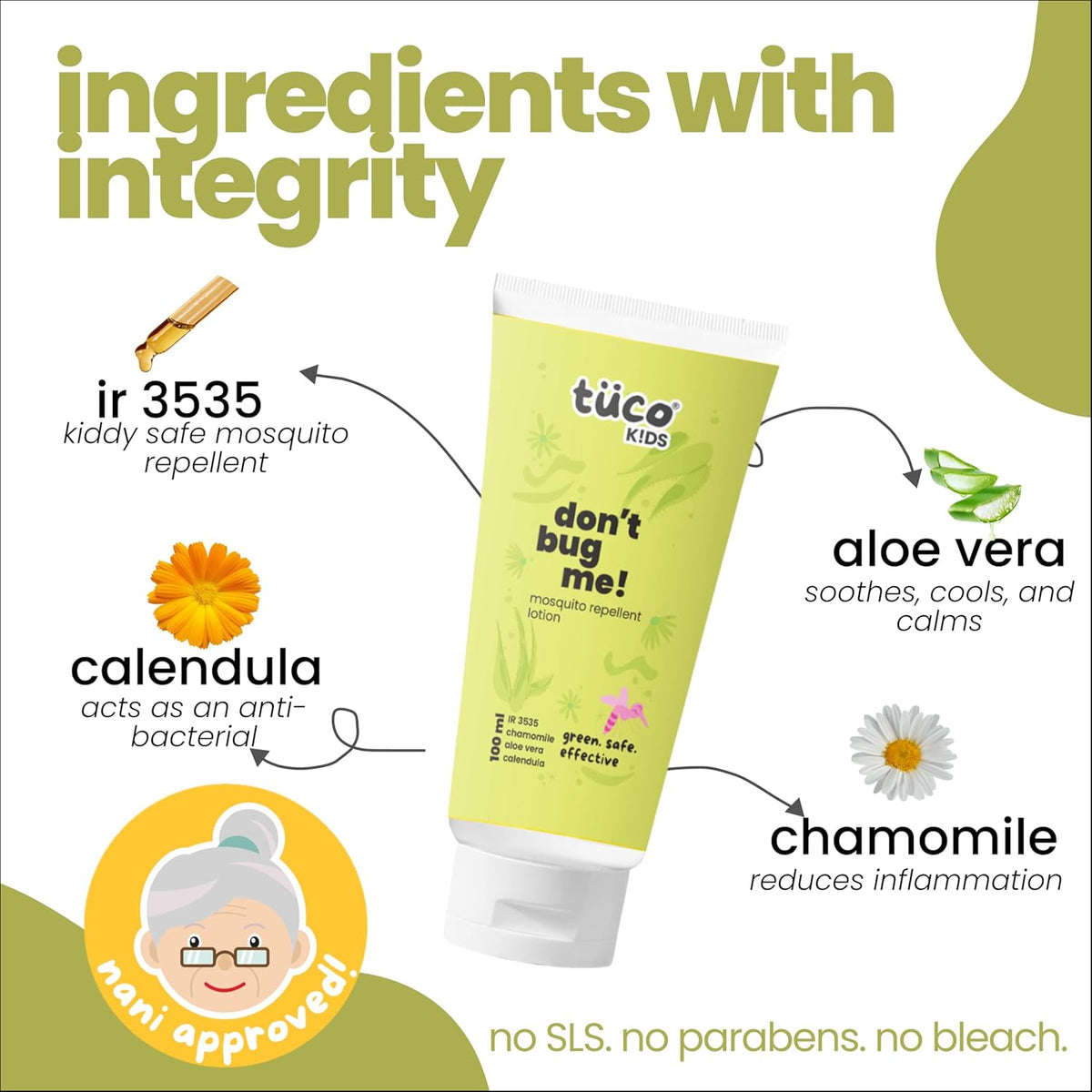 Tuco Kids 'don't bug me!' mosquito repellent tube with ingredients listed on a white background.