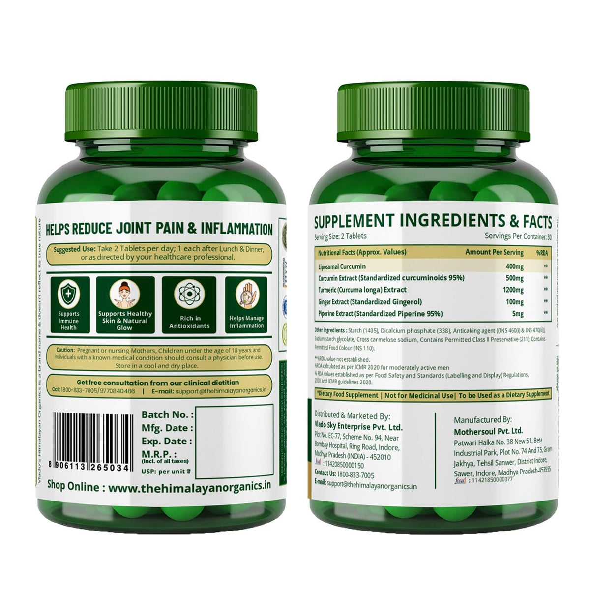 Vlado's Himalayan Organics Curcumin Tablets Supplement (1600mg+ / Serving ) and 95% Curcuminoids with Black Pepper & Piperine | Anti inflammatory Supplement for Men & Women | With Curcuma Longa, Turmeric & Ginger Root extract | 60 Veg Tablets
