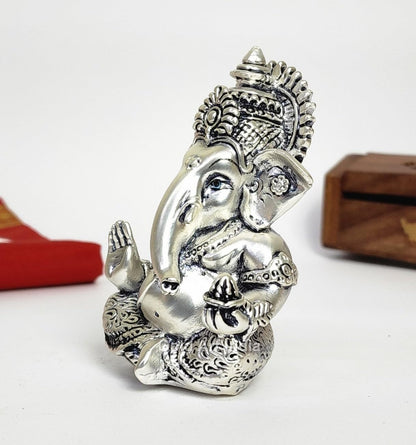 Gold Art India Silver Plated Antique Mukut Ganesha, Versatile Decor for Car Dashboard, Office, Home, and Puja, Ideal Gift for Celebrations (MUKUTSILVERBLACKANTIQUE 3.5")