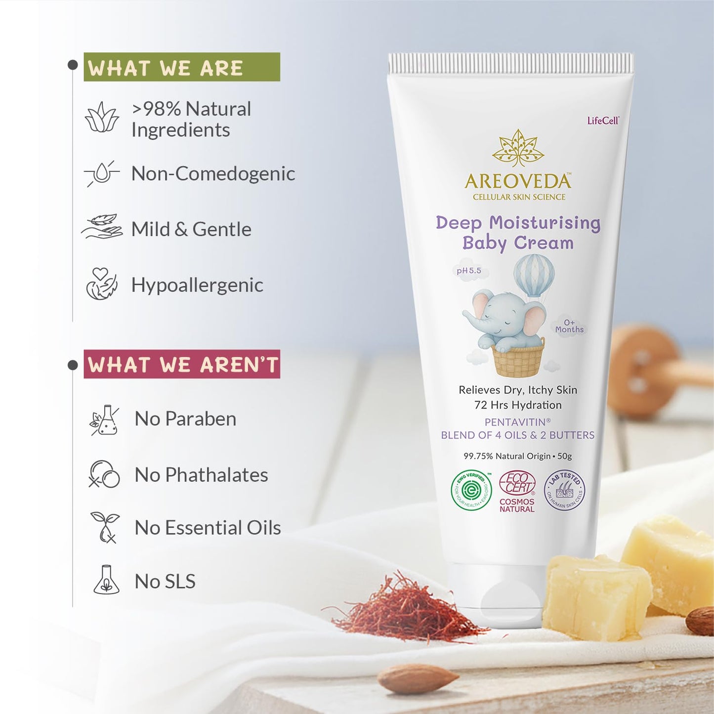 AreoVeda Deep Moisturising Baby Cream (50gm) | 72Hrs Hydration | Suitable for Baby's Dry Skin | With Shea Butter & Saffron Extract | Non-Sticky | For 0-5 Years | Ecocert Certified, EWG Verified