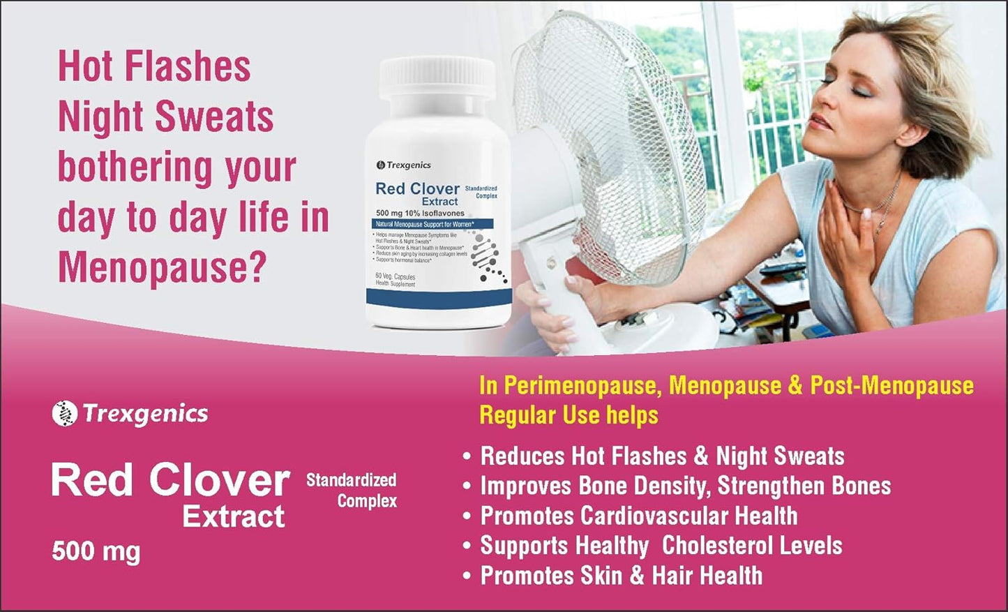 Advertisement for Trexgenics Red Clover Extract with a woman using a fan, text about menopause symptoms and benefits.