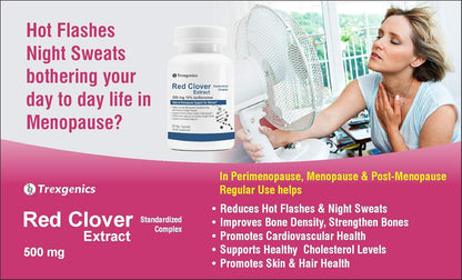 Advertisement for Trexgenics Red Clover Extract with a woman using a fan, text about menopause symptoms and benefits.