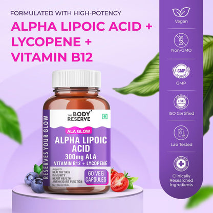Body Reserve Alpha Lipoic Acid + Lycopene + Vitamin B12 supplement bottle on a purple background with green leaves.
