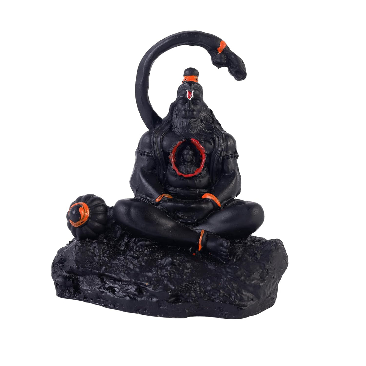 3.5 Inch Meditating Lord Hanuman Idol | Black Finish Bajrangbali Murti with Ram in Heart Design, Gada & Mountain Base for Home Temple, Mandir, Office Desk & Car Dashboard