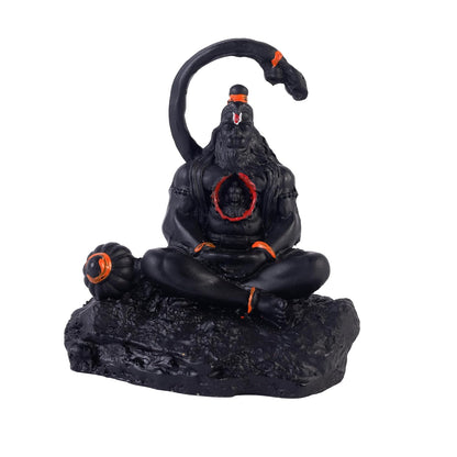 3.5 Inch Meditating Lord Hanuman Idol | Black Finish Bajrangbali Murti with Ram in Heart Design, Gada & Mountain Base for Home Temple, Mandir, Office Desk & Car Dashboard