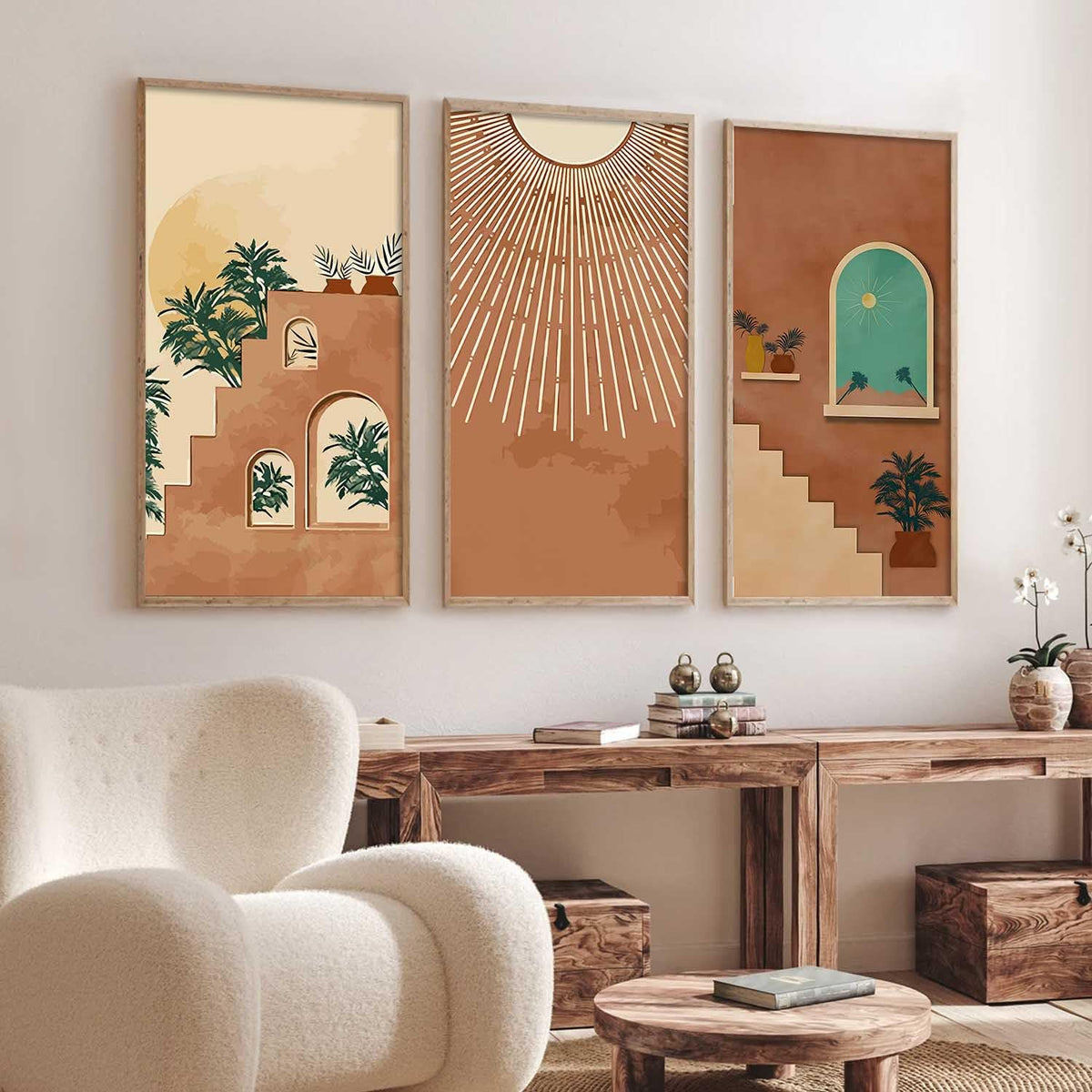 Boho Decorative Modern Wall Art Print With Frame Abstract Paintings For Living Room Bed Room Hotel Wall Decor Digital Reprint Engineered Wood Set of 3 (Art 4, 10x19 inch)