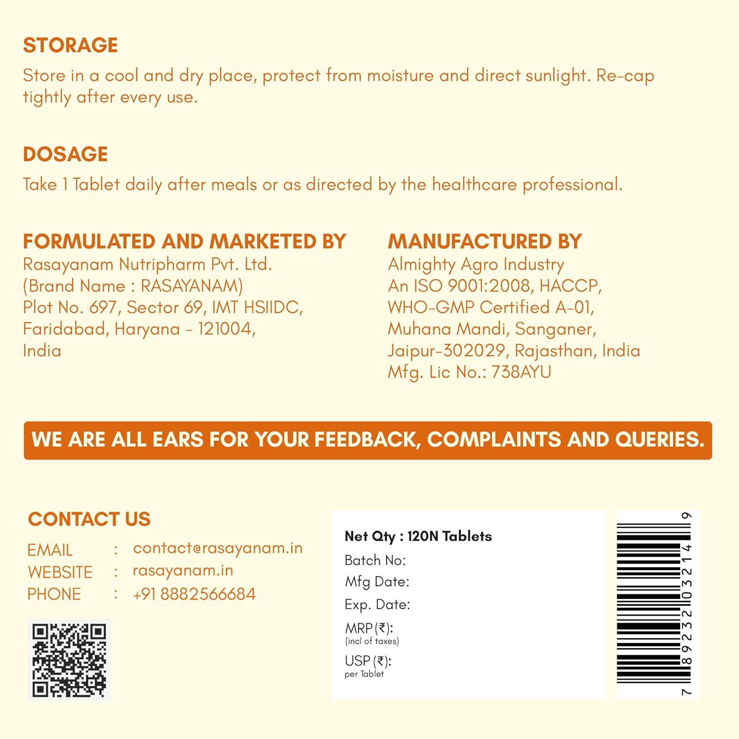 Back label of a pharmaceutical product with text and contact information.