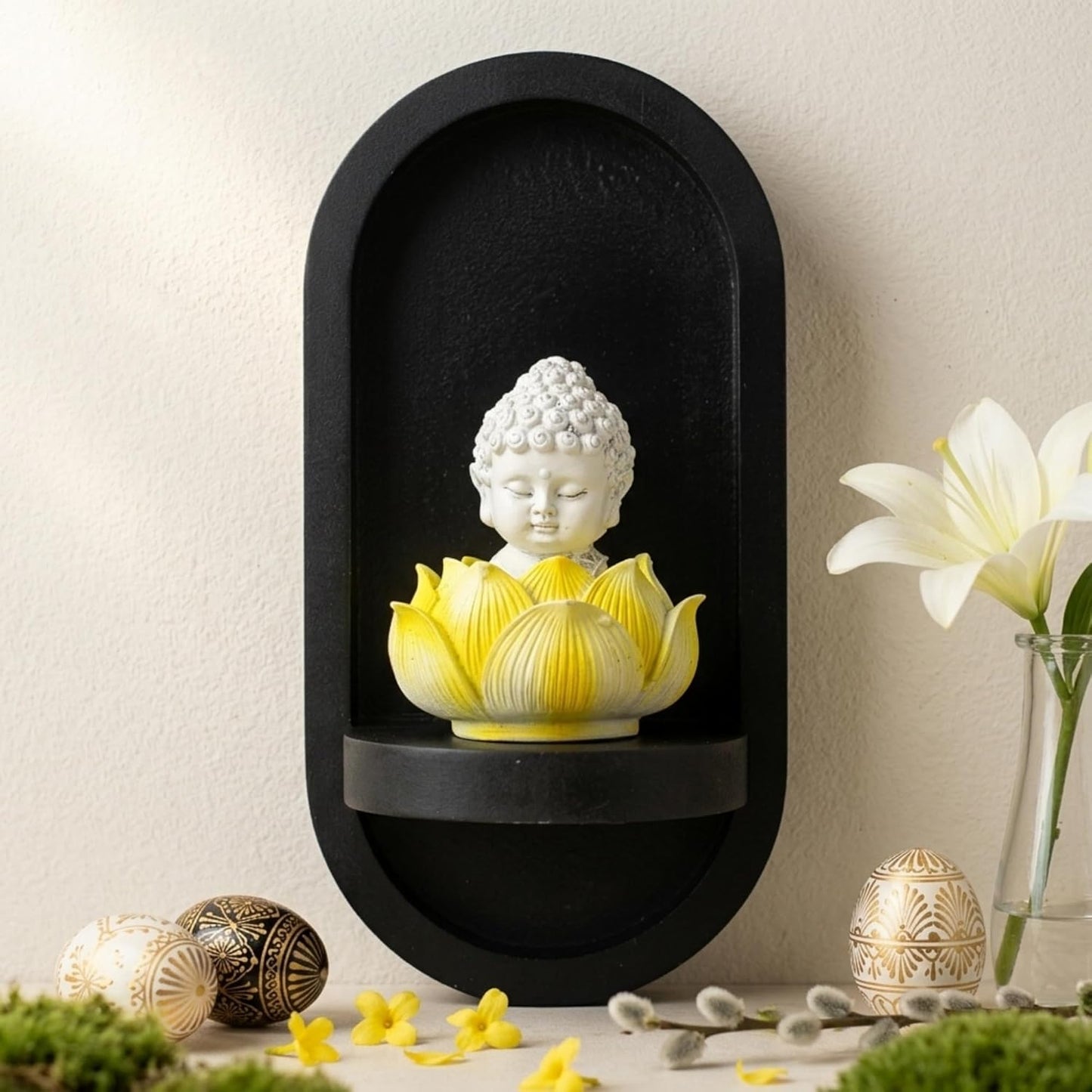 eCraftIndia White Lord Buddha Idol in Yellow Lotus Base | Baby Buddha Statue for Car Dashboard Office Home Decor | Gift for Diwali Housewarming Birthday