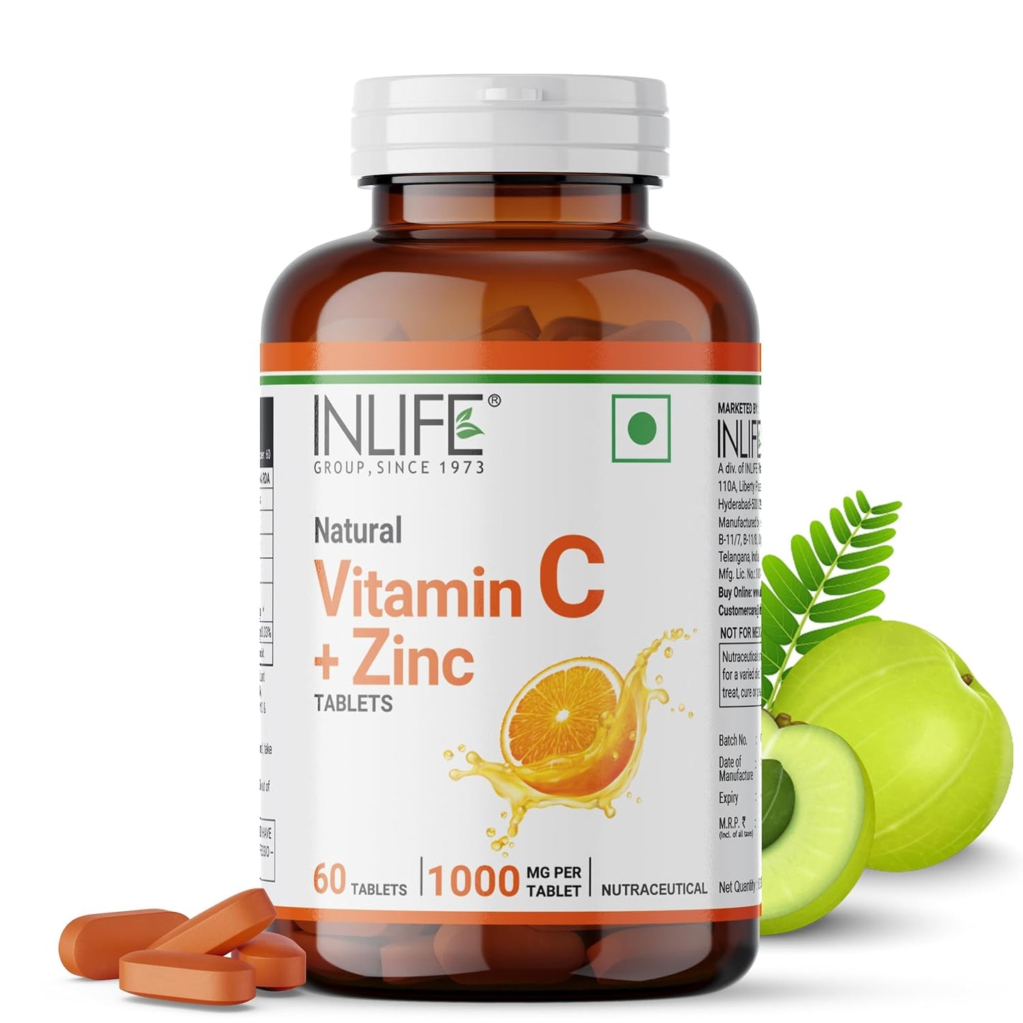 INLIFE Natural Vitamin C Amla Extract With Zinc For Immunity & Skin Care - 60 Veg Tablets (Pack of 1, 60)