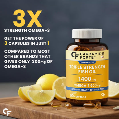 Carbamide Forte Omega 3 Fish Oil Capsules Softgel | Fish Oil Omega 3 Supplement | Omega3 Fatty Acid Fishoil Supplement To Support heart, Joints & Skin - 1400mg | 90 Sofetgel Capsules