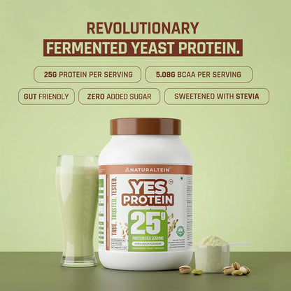 YES Protein container with a glass of shake and scoop on a green background