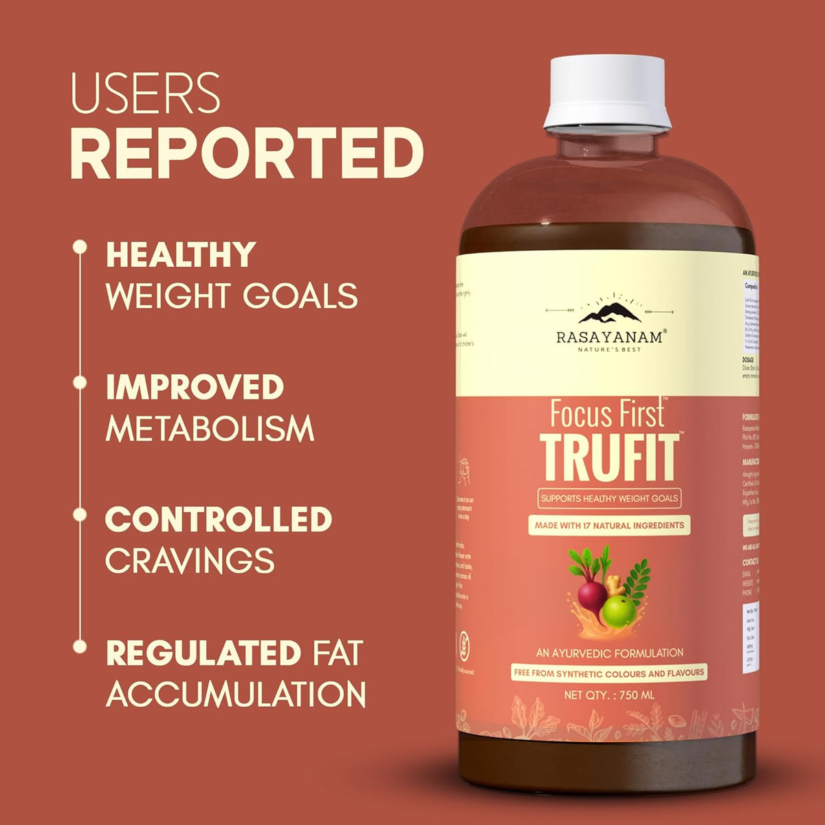 Bottle of Rasayanam Focus First Trufit on a brown background with text about health benefits.