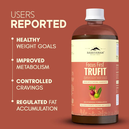 Bottle of Rasayanam Focus First Trufit on a brown background with text about health benefits.