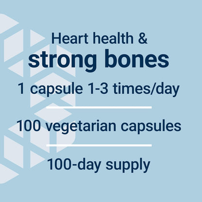 Supplement label for heart health and strong bones on a blue background