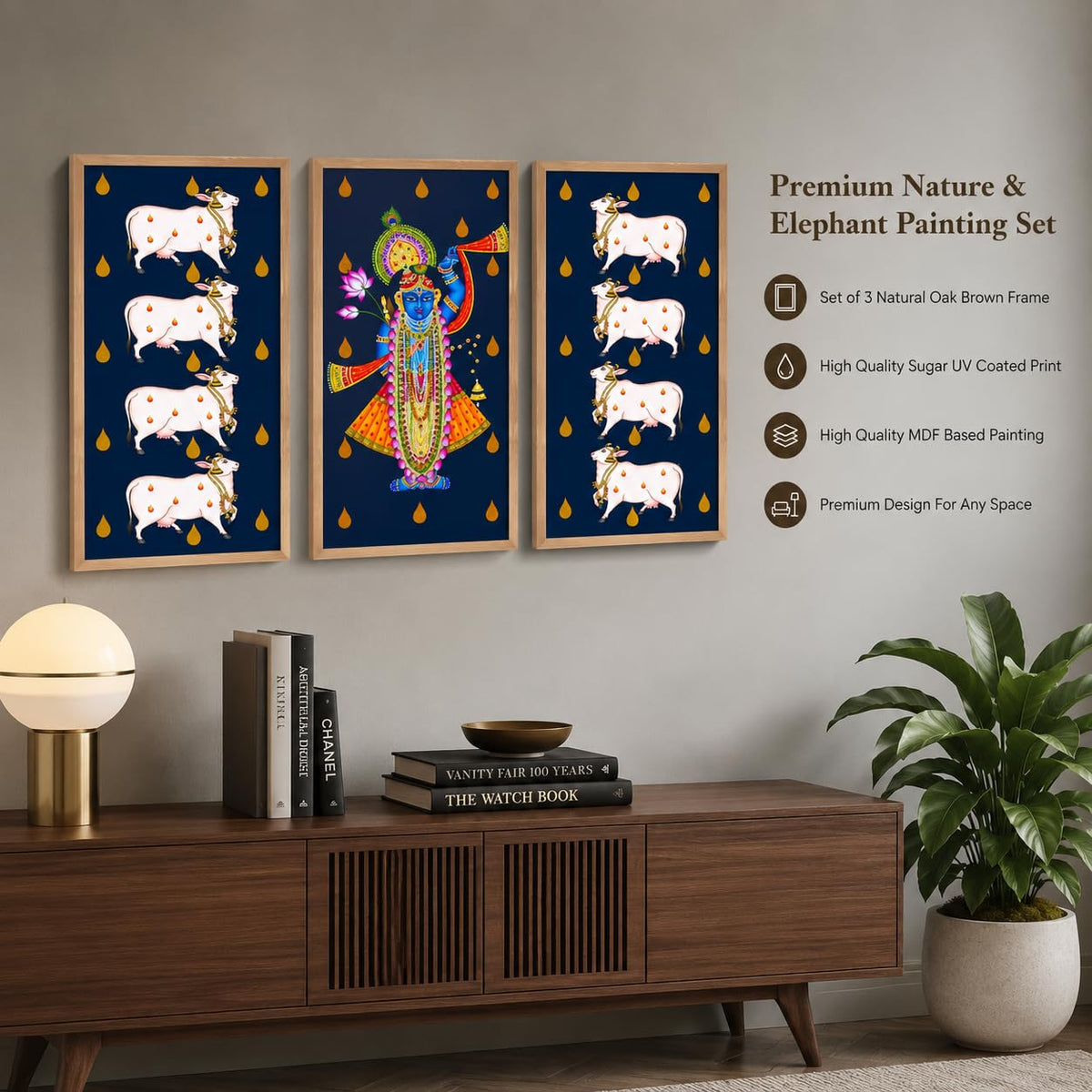 Set of 3 Shrinathji Cow Pichwai Wall Paintings with Sparkle Laminate, Premium Wooden Synthetic Frame, Krishna Religious Art for Living Room Bedroom Temple Decor