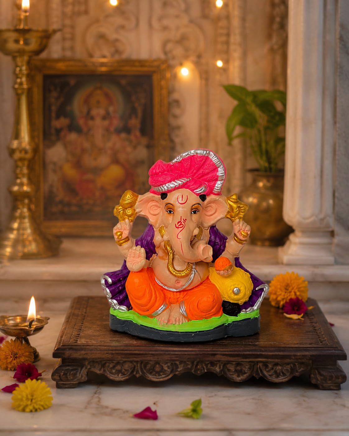 DORAYA EARTH CREATION Clay Ganpati Murti Handmade Eco-Friendly Multicolour Ganesh Idol for Home Temple, Ghar Pooja, Ganesh Chaturthi Decoration, Office Desk & Festive Gift | 6.5 Inch (Clear)