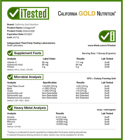 Supplement label for California Gold Nutrition collagen product with testing details.