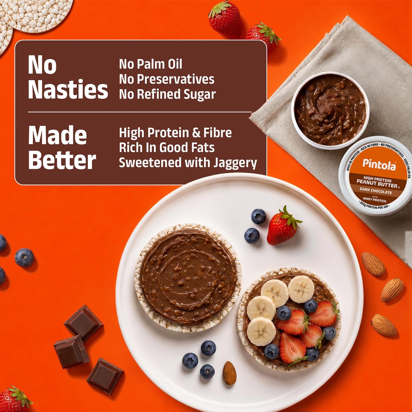 PINTOLA High Protein Peanut Butter Chocolate Flavour Crunchy, Added WHEY Protein, 30g Protein 6.2g Fiber, Gluten Free, Zero Trans Fat, Dark Chocolate Peanut Butter Spread, Nut Butter Bread Snacks