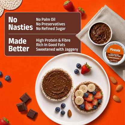 PINTOLA High Protein Peanut Butter Chocolate Flavour Crunchy, Added WHEY Protein, 30g Protein 6.2g Fiber, Gluten Free, Zero Trans Fat, Dark Chocolate Peanut Butter Spread, Nut Butter Bread Snacks