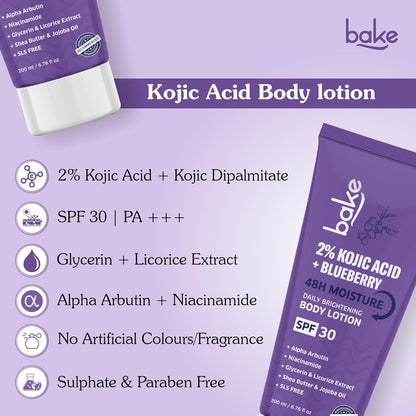 BAKE 2% Kojic Acid Brightening Body Lotion (200 ml) with Niacinamide & SPF 30 PA+++ for Pigmentation & Tan Removal | For Dark Spots & Sun Protection | De-Tan Body Lotion | Tanned & Pigmented Skin | For Women & Men