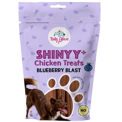 TailsAlive Shinyy+ Treats for Dogs | Skin & Coat Support | No Added Sugar | Fish Oil, Sea Buckthorn & Collagen | Blueberry Blast | 100g