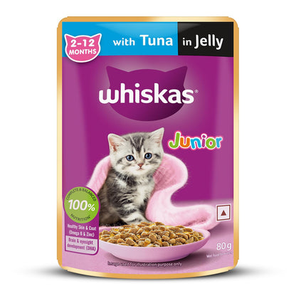 Whiskas Junior Kitten (2-12 Months) Wet Cat Food, Tuna in Jelly, 80 g, Hydrating Food Made With Real Fish, 100% Complete & Balanced Nutrition for Kittens