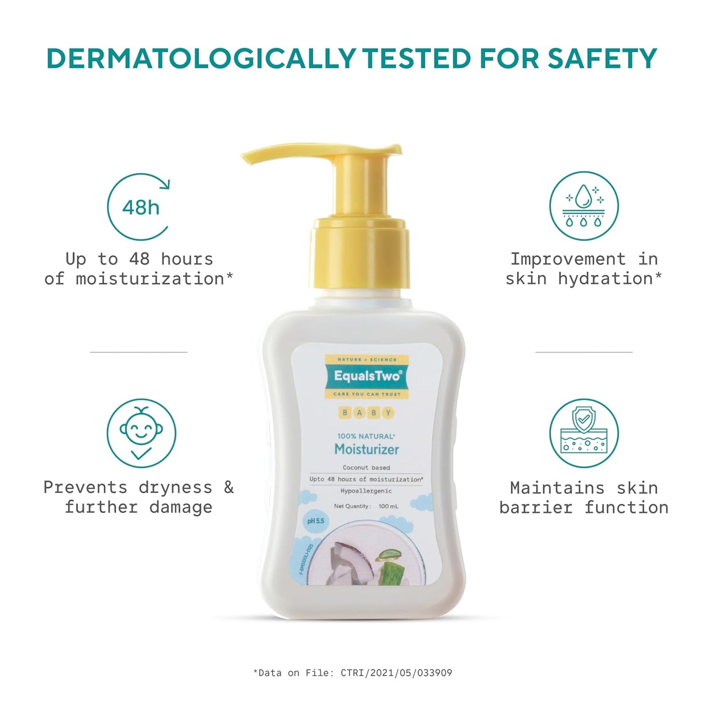 EQUALSTWO by Zydus Baby Moisturizer, 100ml, 100% Natural Coconut based Daily Baby Skin Care Body Lotion for Nourishing Skin, All Skin Types, PH 5.5, Dermatalogically Tested, No Parabens No Sulphates, (Pack 1)