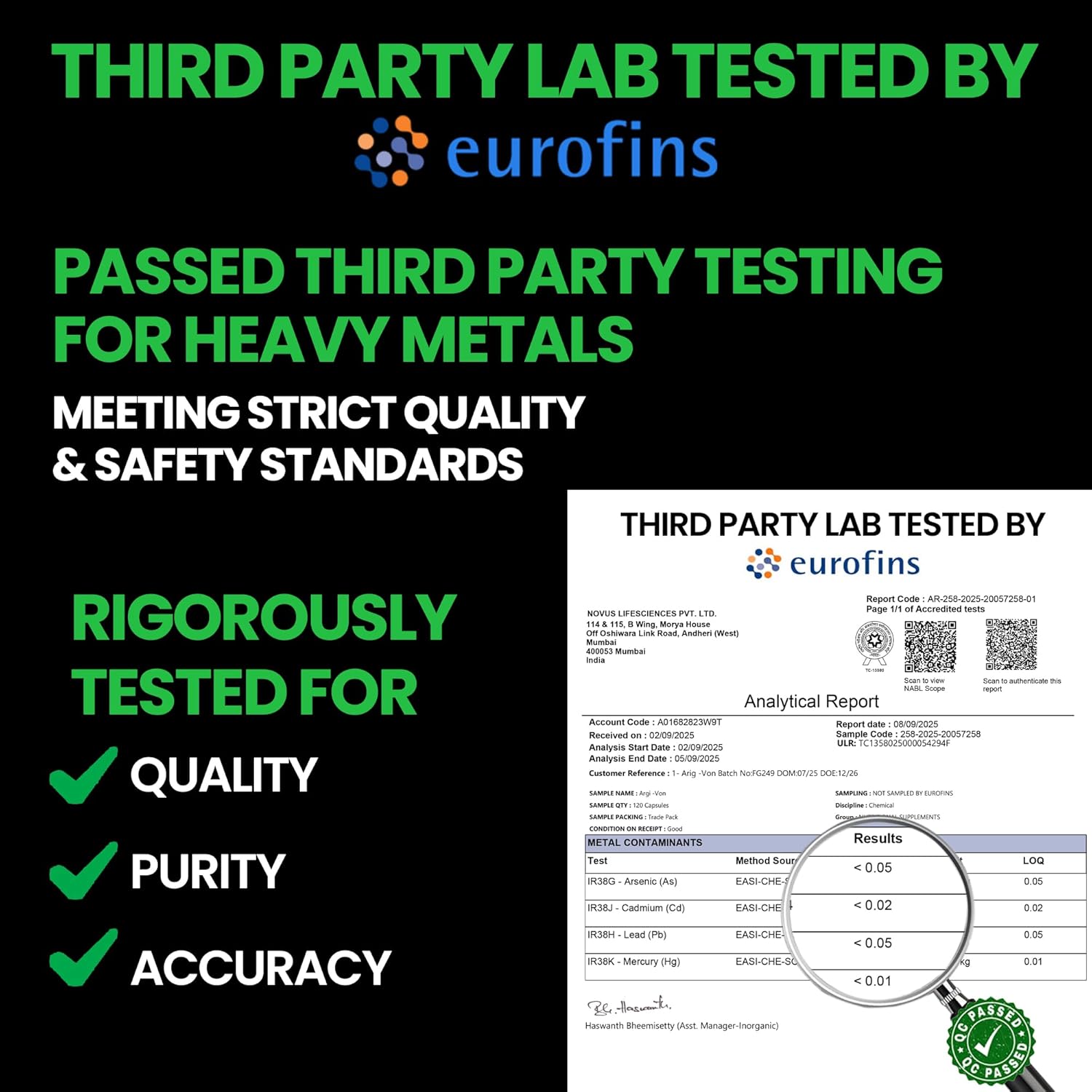 Advertisement for third-party testing by Eurofins with a sample test result on a black background.