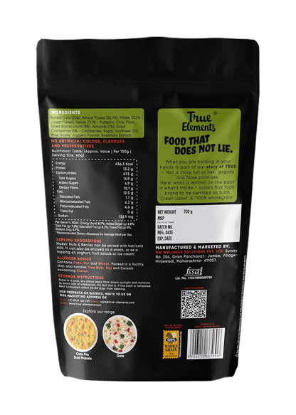 True Elements Muesli Nuts & Berries 700g - With 14% Millets, Almonds & Cranberries | Muesli Nuts Delight | Breakfast Cereal | 100% Wholegrain